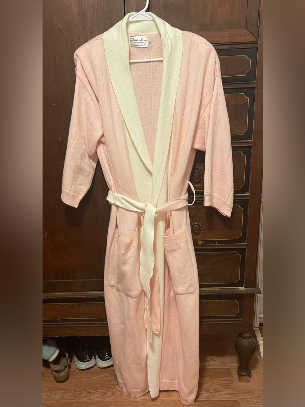 Vtg Christian Dior Pink Knit Robe Shawl Collar Cream Trim Lounge Long Wrap Small